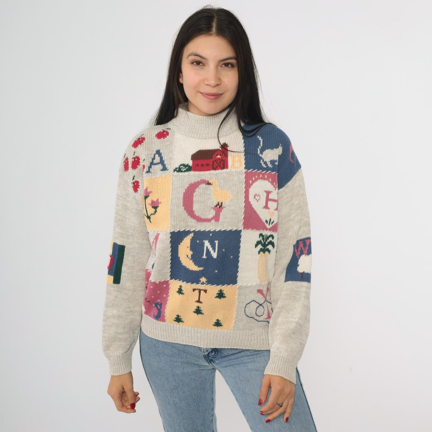 90s Woolrich Alphabet Farm Animal Patchwork Turtleneck Sweater Beige Small S
