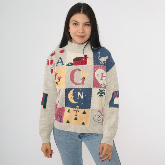 90s Woolrich Alphabet Farm Animal Patchwork Turtleneck Sweater Beige Small S