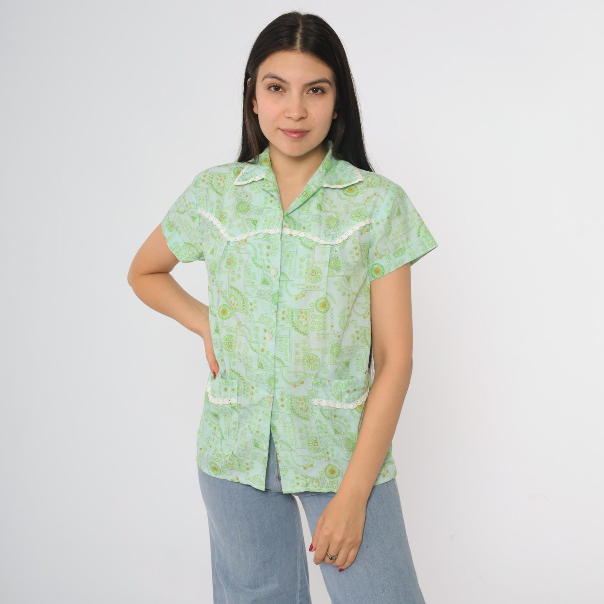 70s Sum Wah Mint Green Floral Button-Up Blouse Short Sleeve Collared Medium