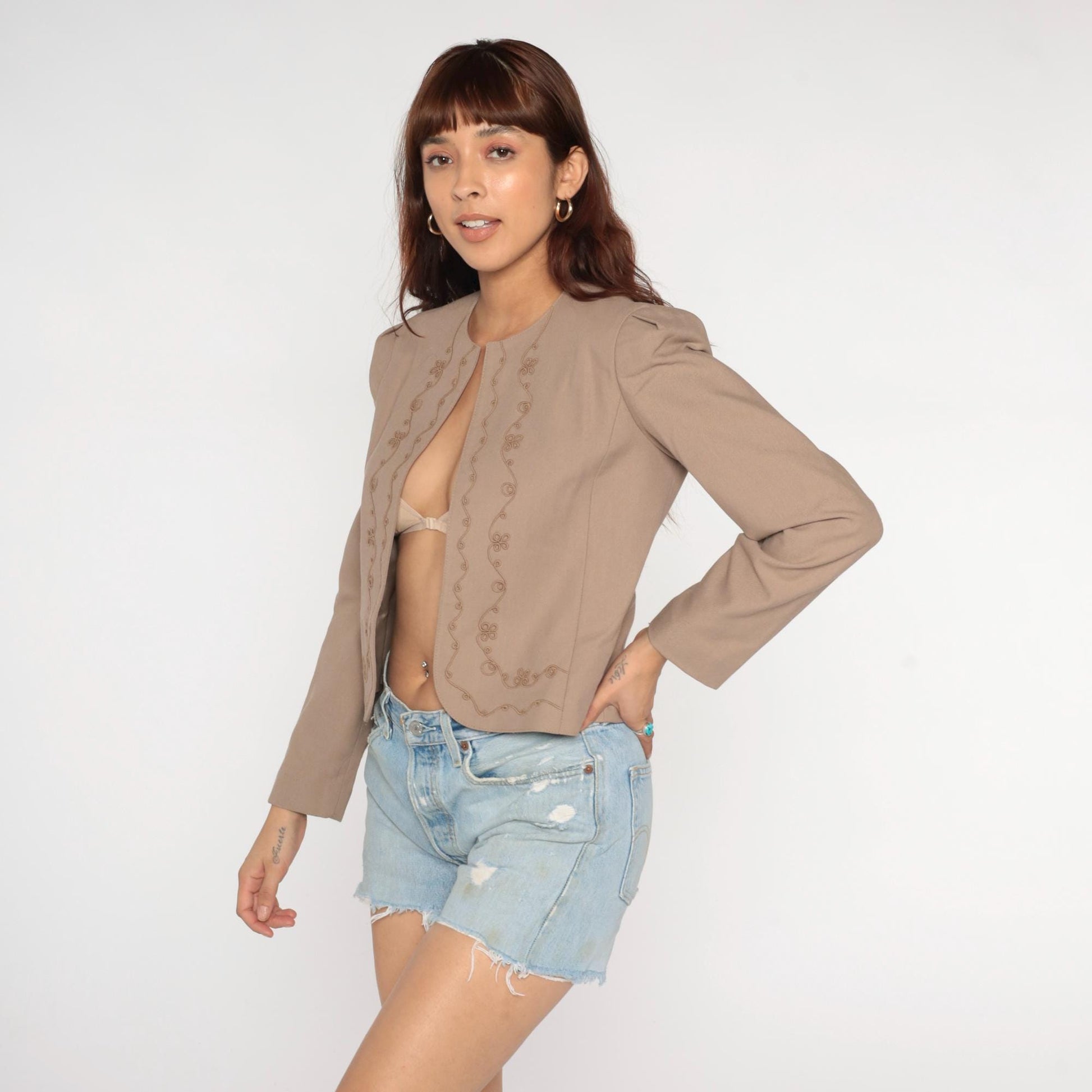 70s Joyce Sportswear Beige Embroidered Cropped Blazer Open Front Small