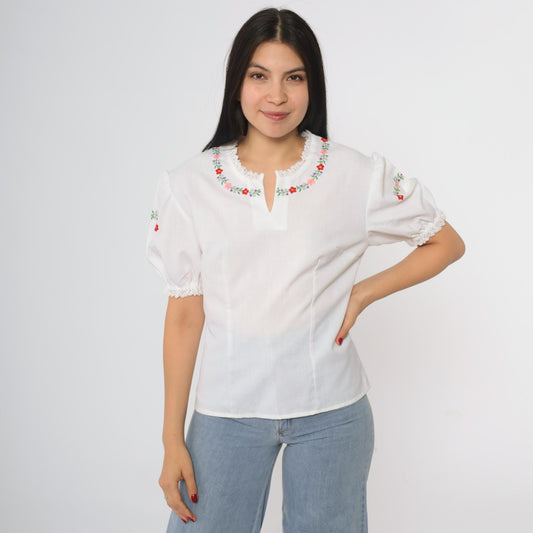 70s Hungarian Peasant Blouse White Cotton Puff Sleeve Floral Embroidery Medium