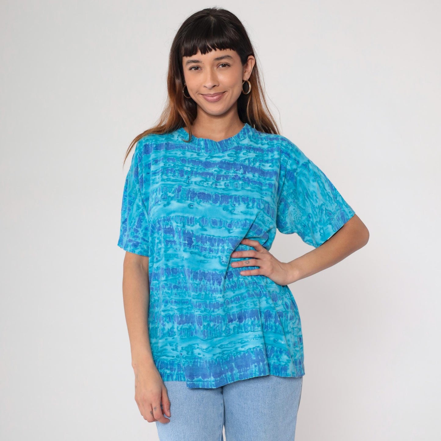 90s Blue Tie Dye Horizontal Stripe Cotton T-Shirt Crew Neck Medium