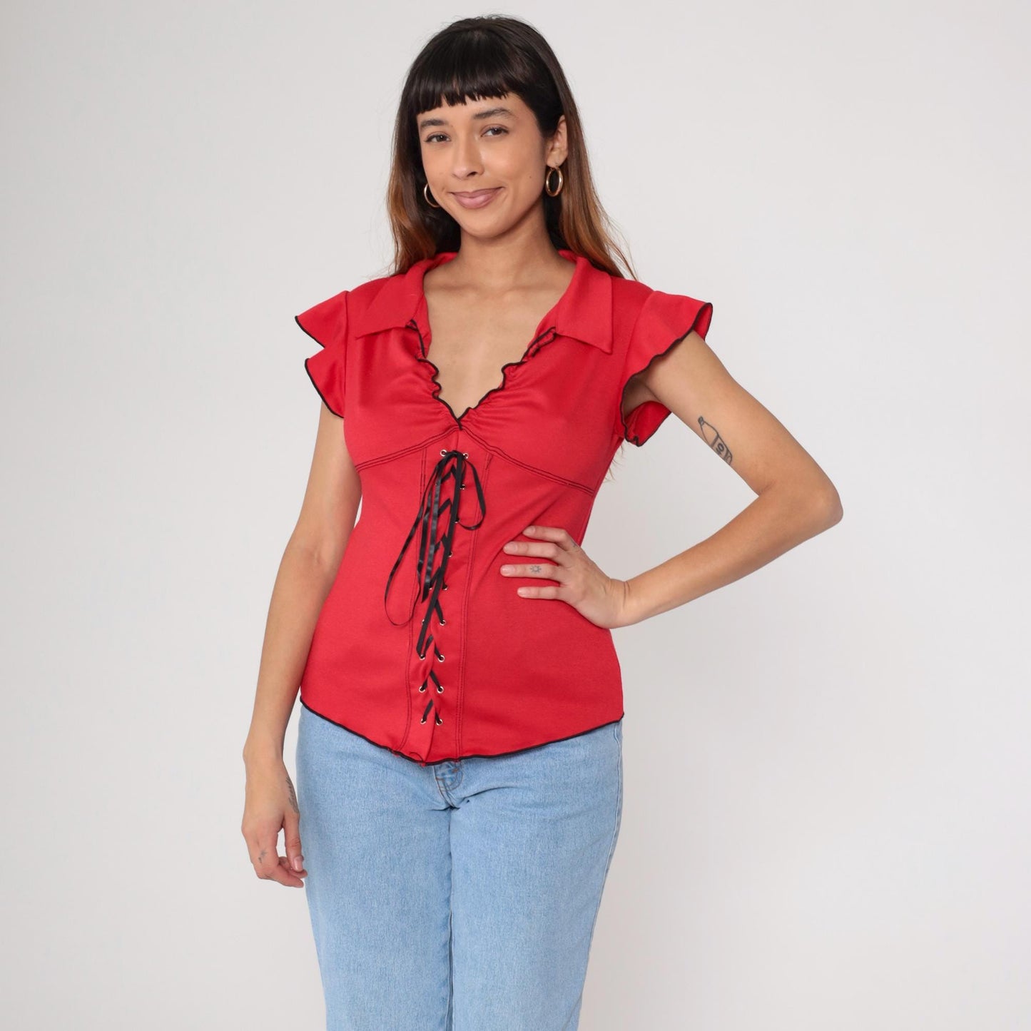 Y2K Red Lace-Up Corset Top Black Trim Ruffle Cap Sleeve Medium M
