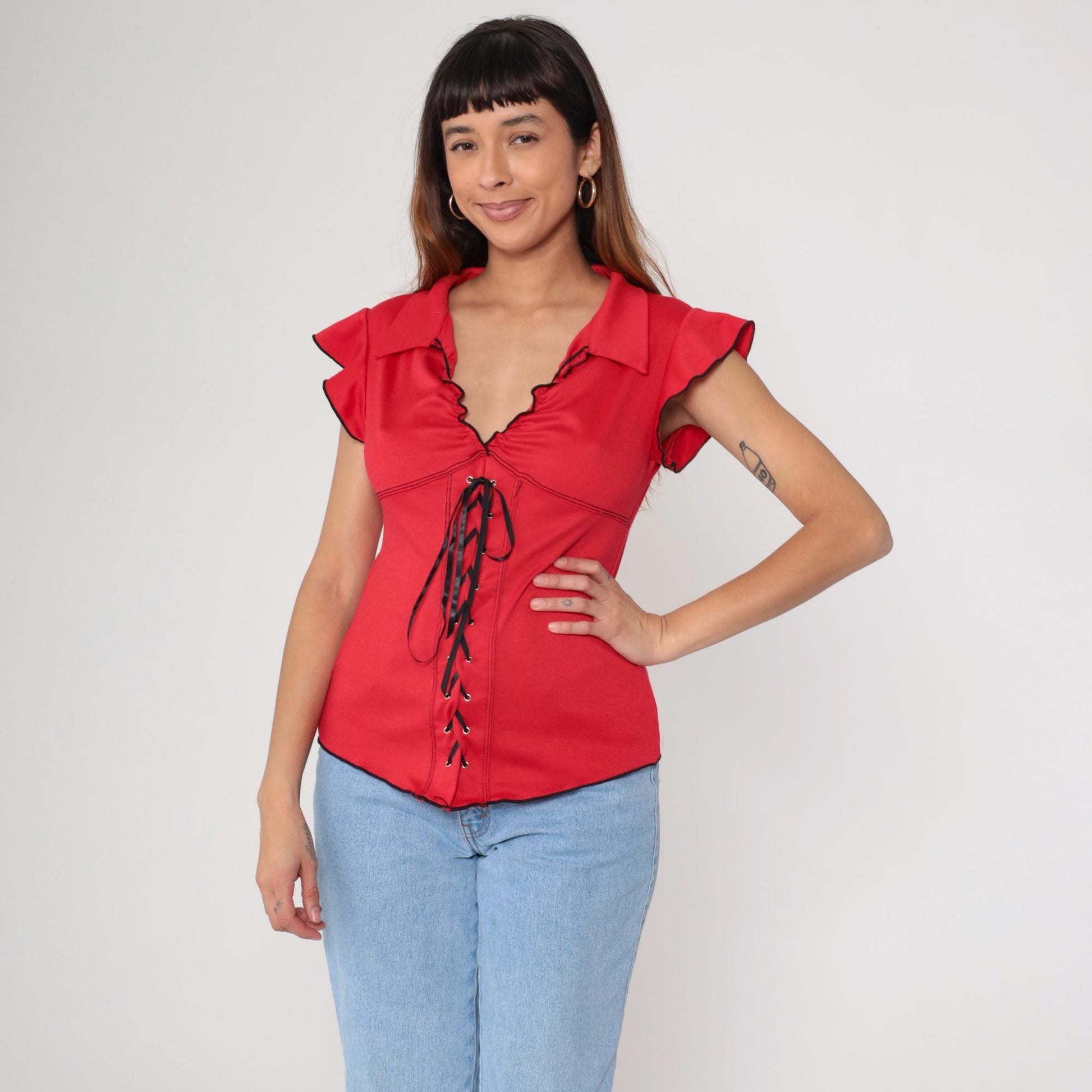 Y2K Red Lace-Up Corset Top Black Trim Ruffle Cap Sleeve Medium M