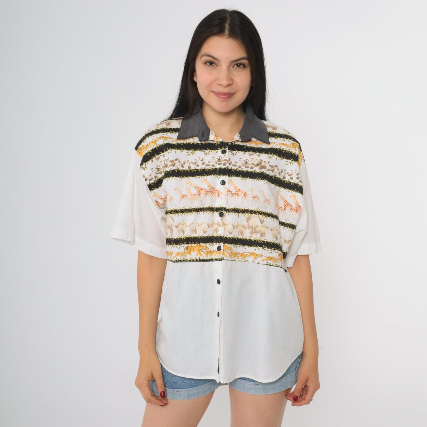 90s Tapestry Safari Animal Print Button-Up Blouse White Grey Collar Large