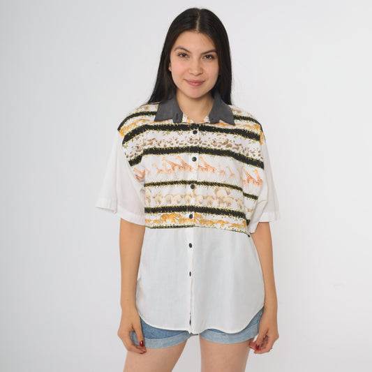 90s Tapestry Safari Animal Print Button-Up Blouse White Grey Collar Large