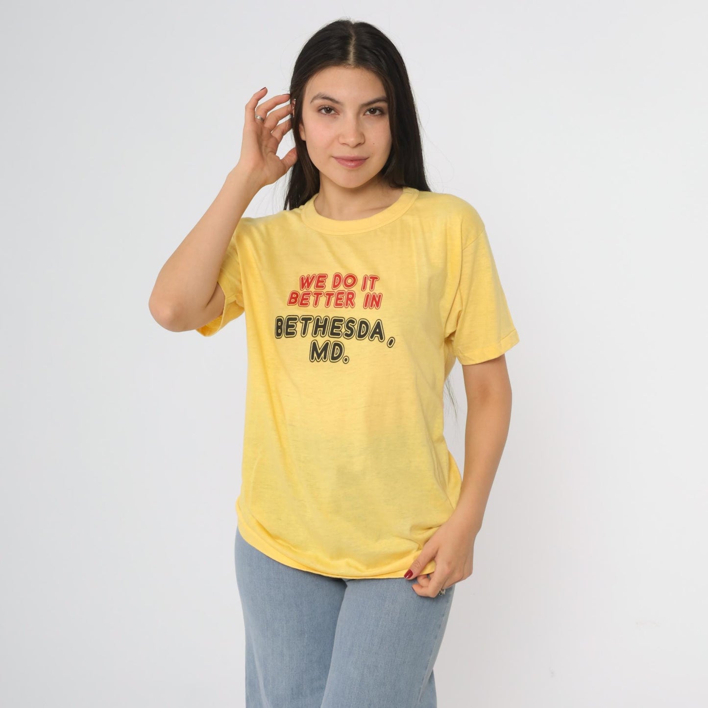 80s Bethesda Maryland Sneakers Graphic Tee Yellow We Do It Better Large