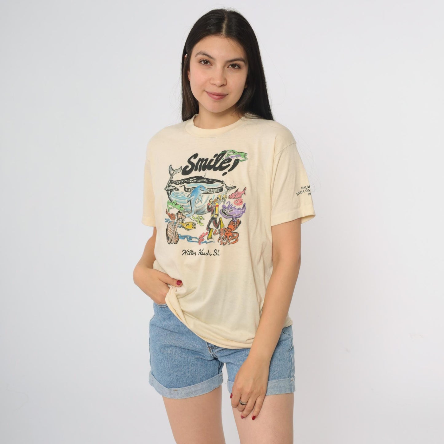 80s Hilton Head Scuba Diving T-Shirt Xpres Knits Cream Graphic Large