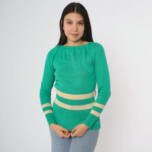 80s Penrose Emerald Green Striped Boat Neck Sweater Cream Small