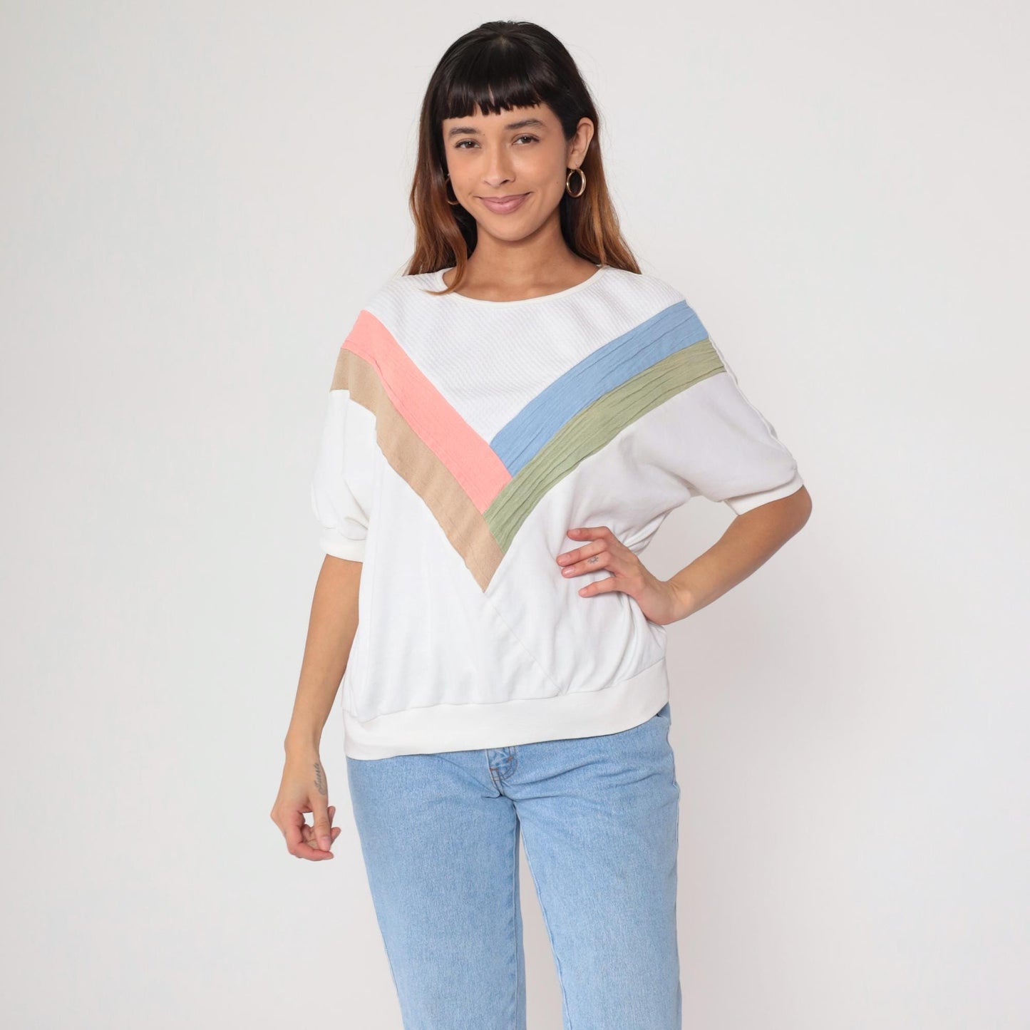 90s Pastel Chevron Colorblock Sweatshirt White Pink Blue Short Sleeve Medium