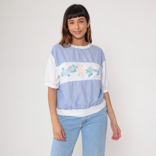 90s Floral Stripe Knit Top White Blue Pink Rose Print Ribbed Medium M