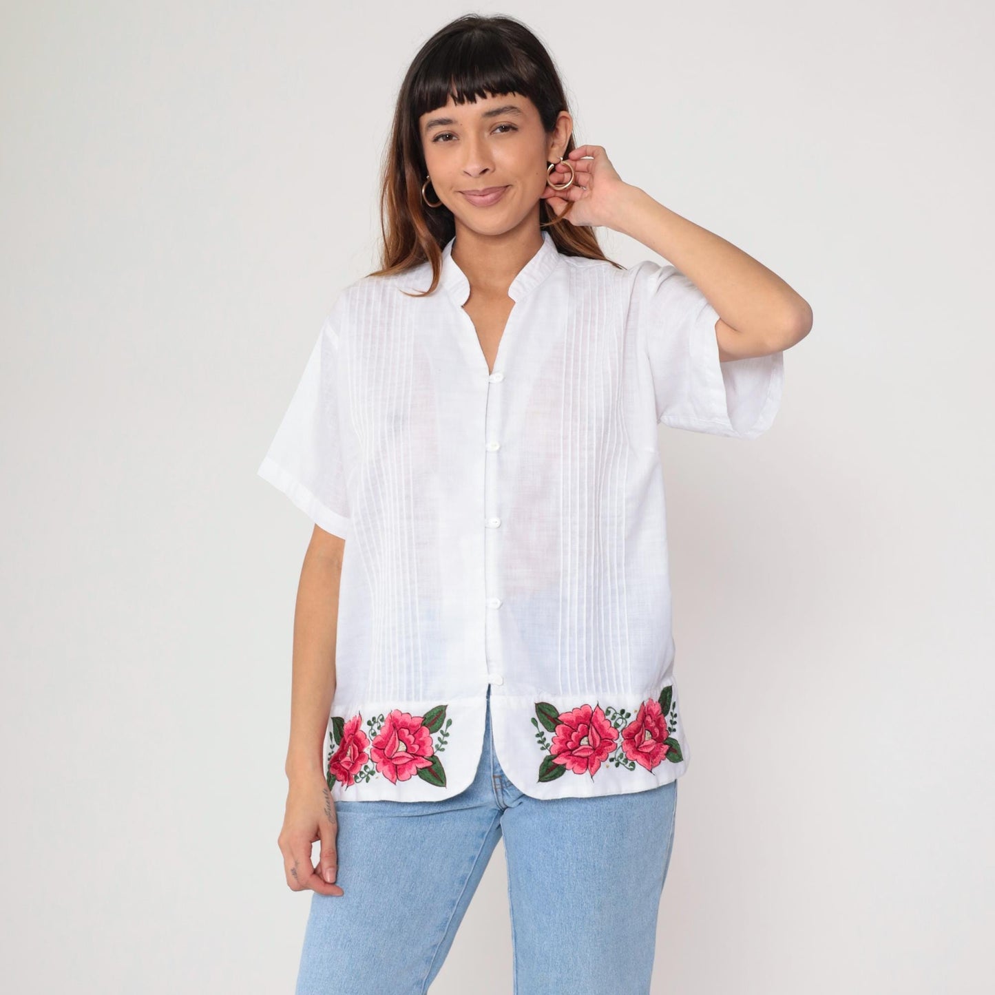 90s White Pink Rose Embroidered Button Down Blouse Mandarin Collar Large L