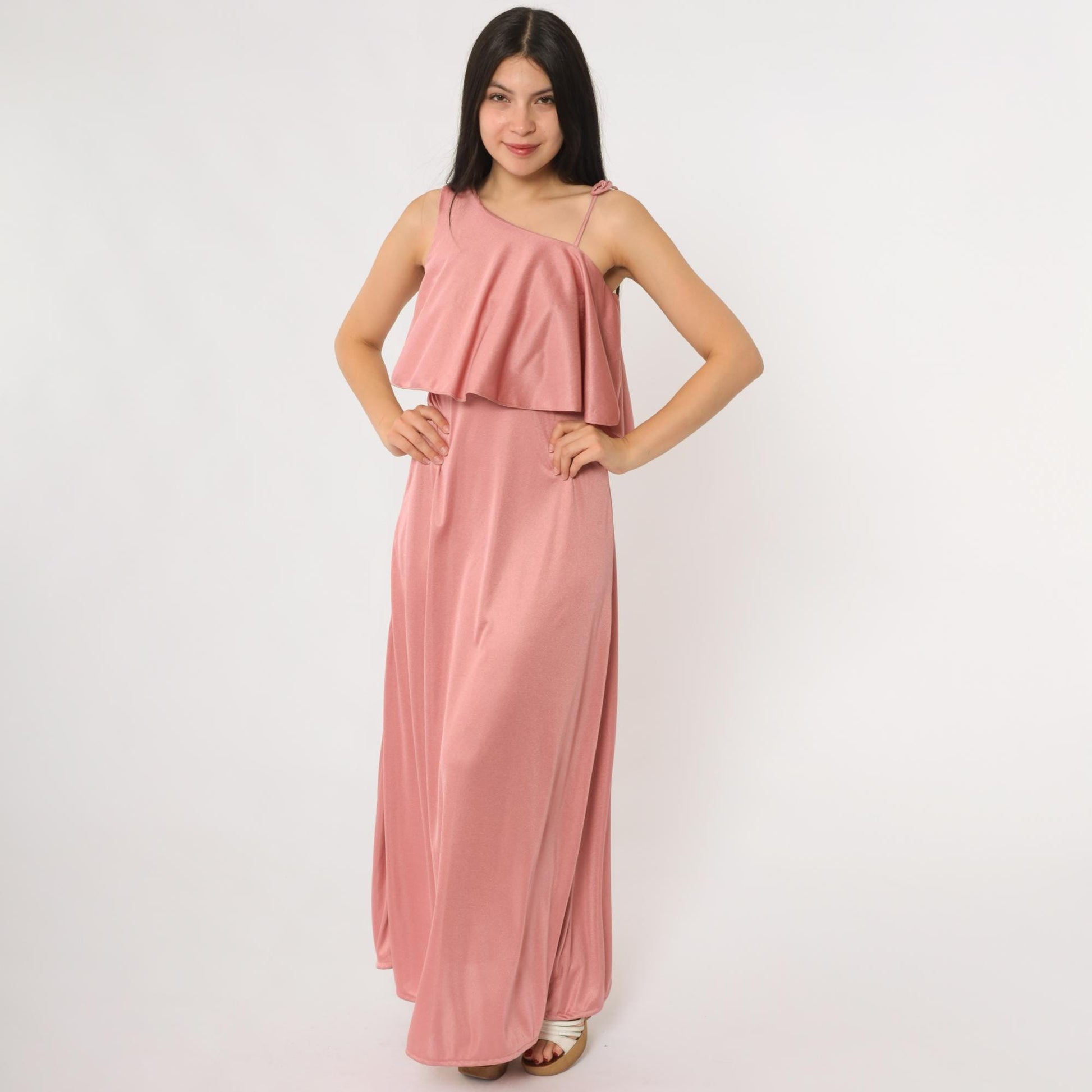 70s Zum Zum Dusty Rose Maxi Dress Ruffle Tie Shoulder Sleeveless Extra Small
