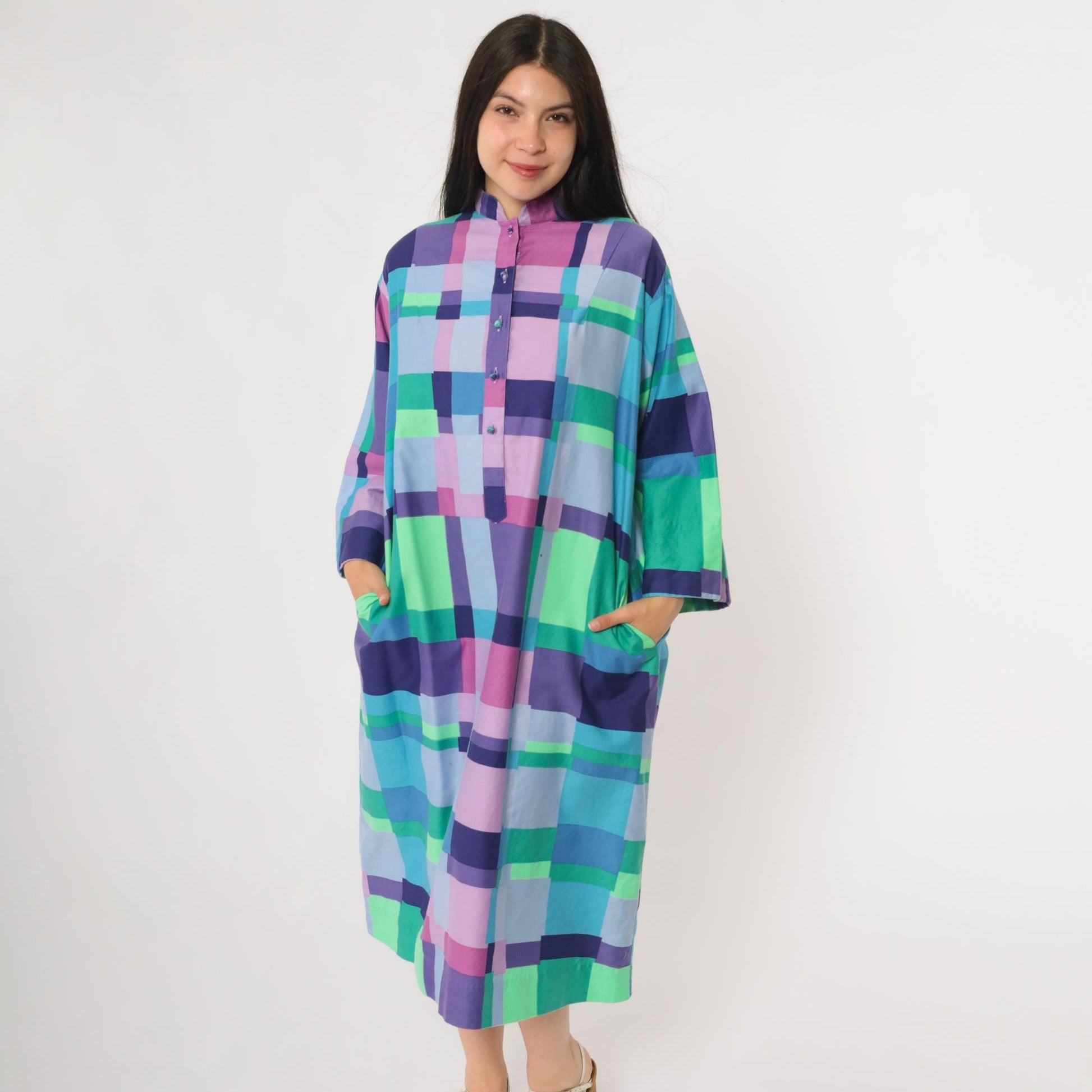 60s Catherine Ogust Penthouse Gallery Geometric Block Print Midi Dress Large L