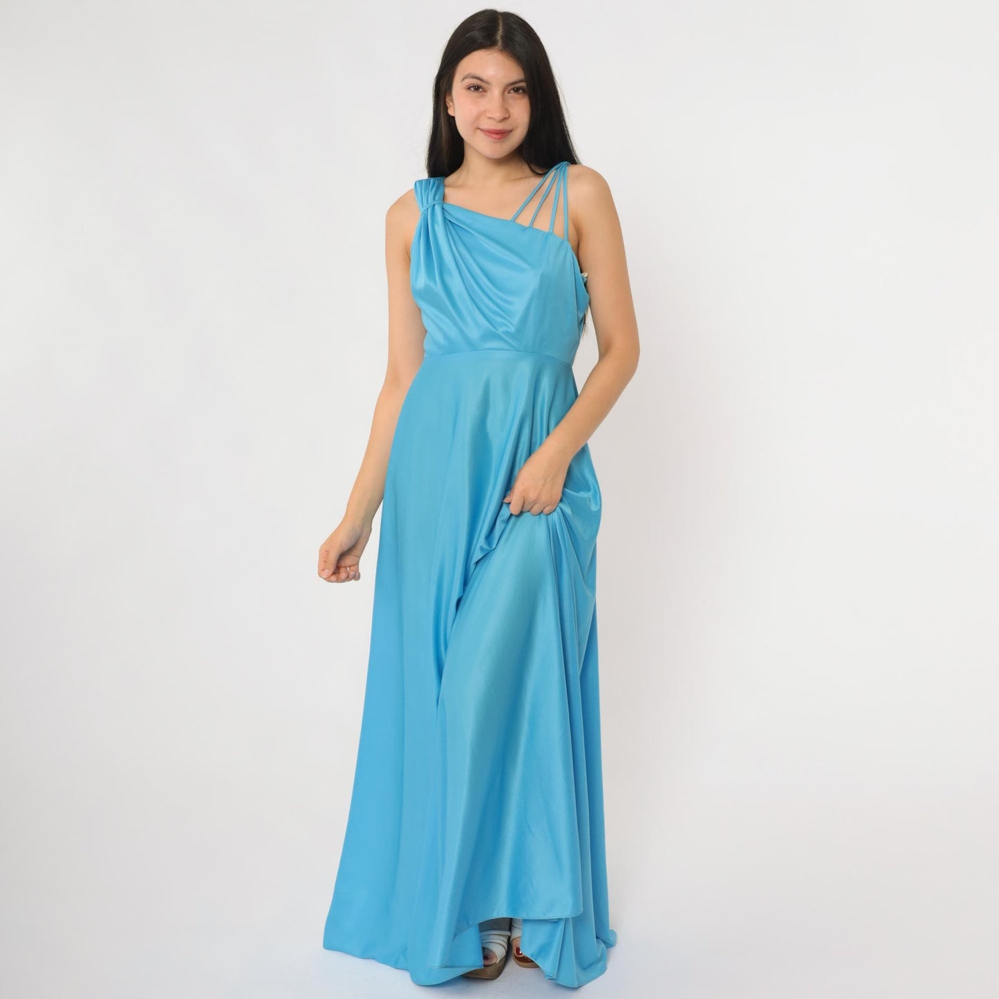 70s Blue Satin One-Shoulder Maxi Dress Draped Bodice Floor Length Small