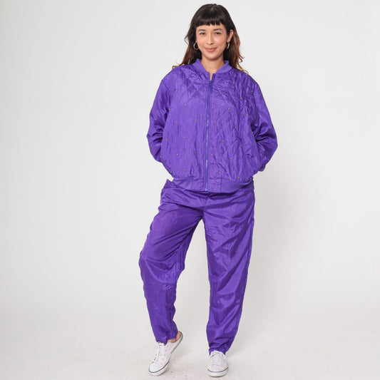 90s Purple Satin Tracksuit Quilted Bomber Jacket Track Pants Large