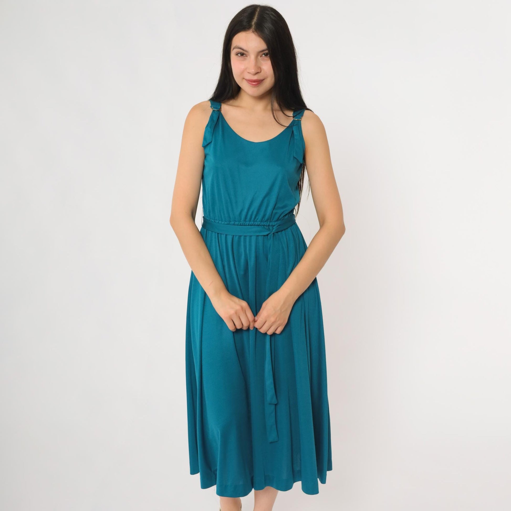 70s Lanz Teal Midi Dress Sleeveless A-Line Belted Small