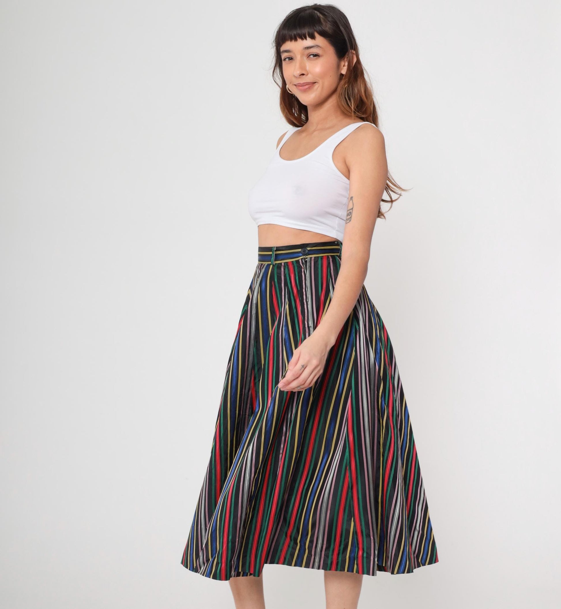 1950s Circle Skirt High Waist Tea Length Striped Rainbow Black Small