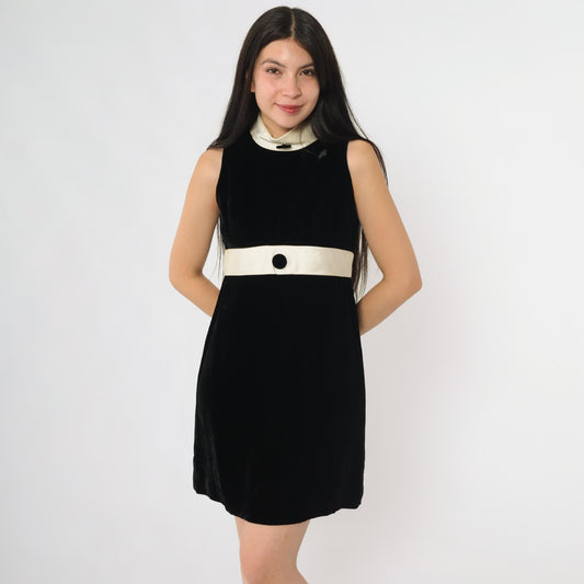 60s Black Velvet Mini Dress White Satin Collar Mod Sleeveless Small S