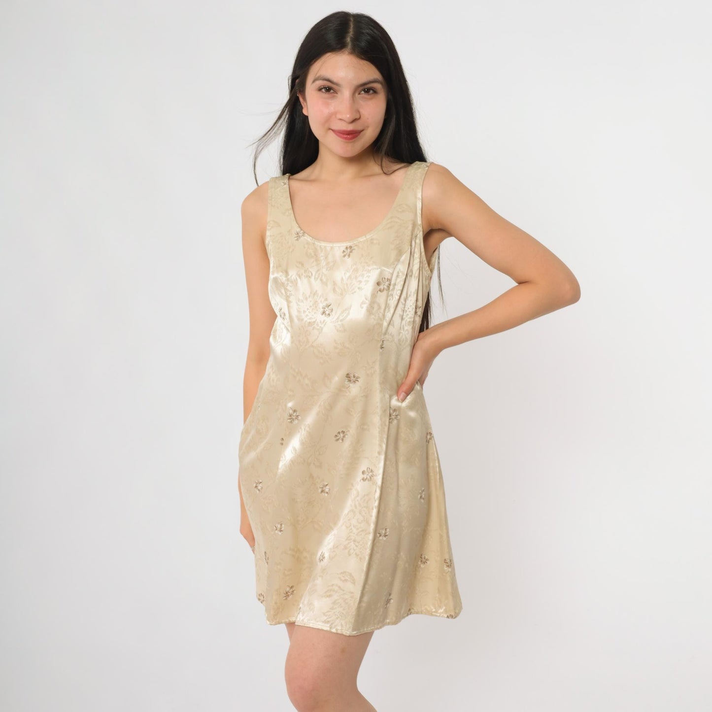 90s All That Jazz Champagne Satin Mini Slip Dress Floral Jacquard Tank Small