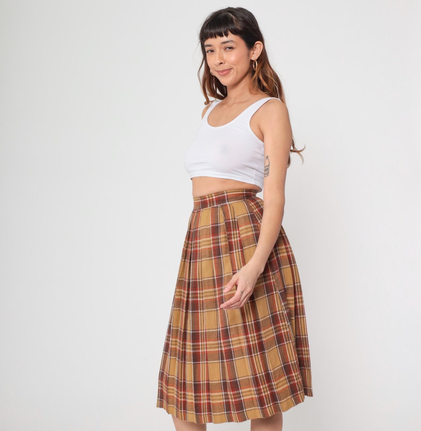 70s Plaid Wool Blend Midi Skirt High Waisted Tartan Brown Tan Small S
