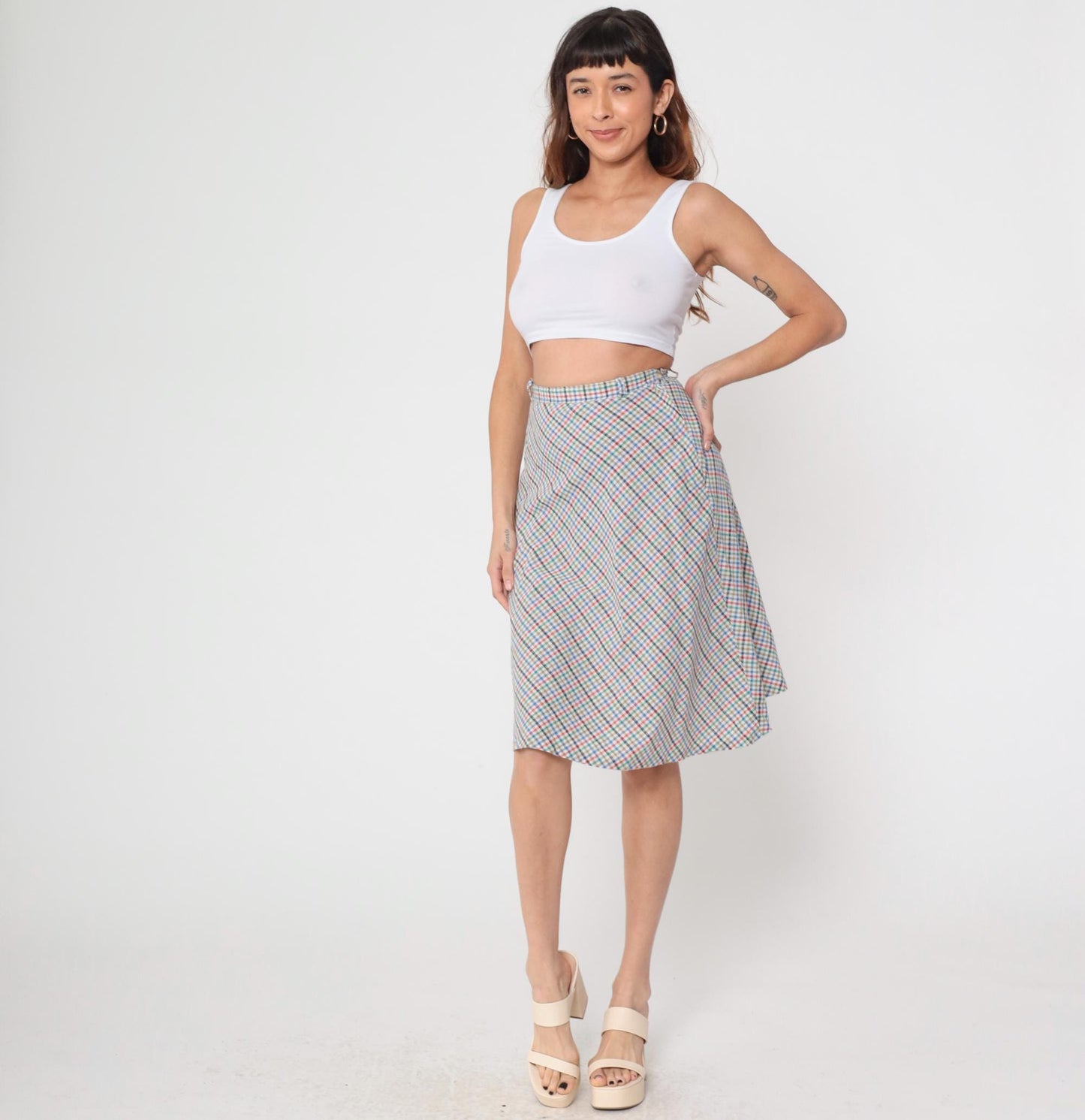 80s Plaid Mini Skirt High Waist Button Up Checkered Pink Blue Small