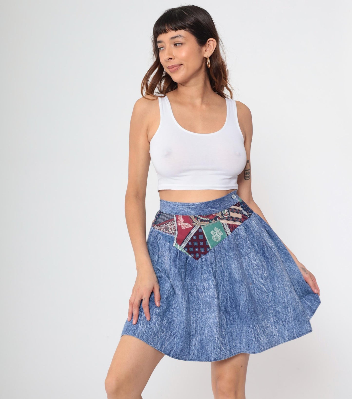 80s Acid Wash Denim Mini Skirt Patchwork High Waisted Circle Small S