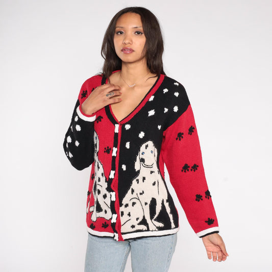 90s Storybook Knits Dalmatian Cardigan Black Red White Bone Buttons Small