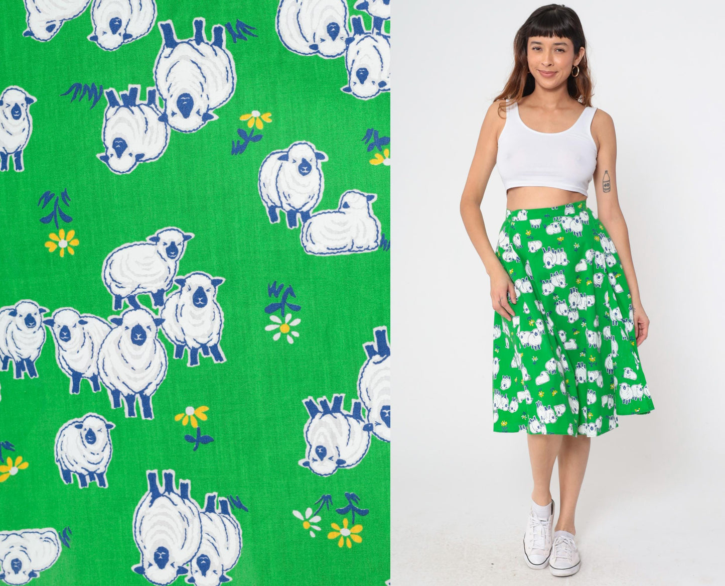 70s Sheep Print Midi Skirt Green A-Line Wrap Cotton Small Medium