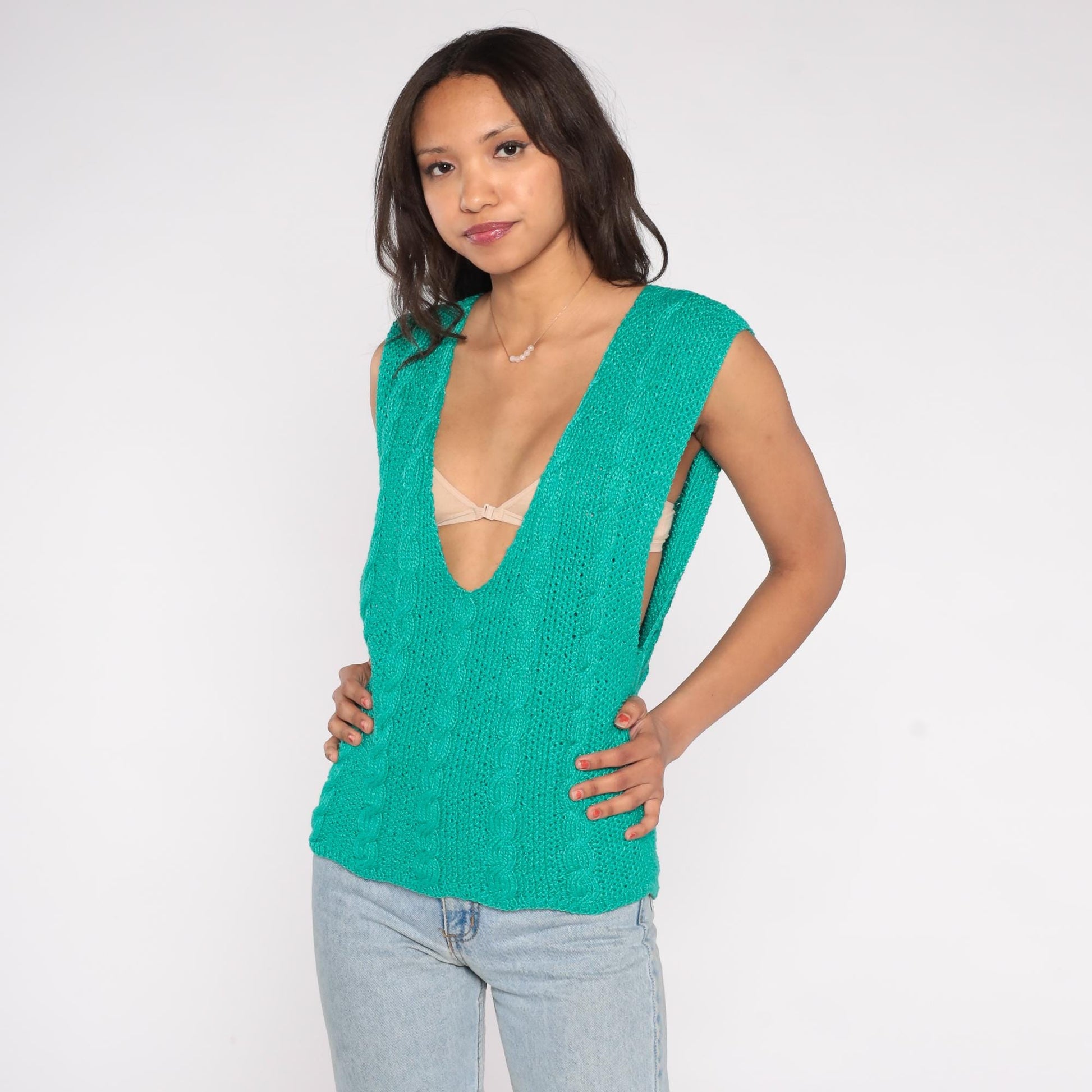 90s Emerald Cable Knit Vest Deep V-Neck Preppy Sleeveless Sweater Small S