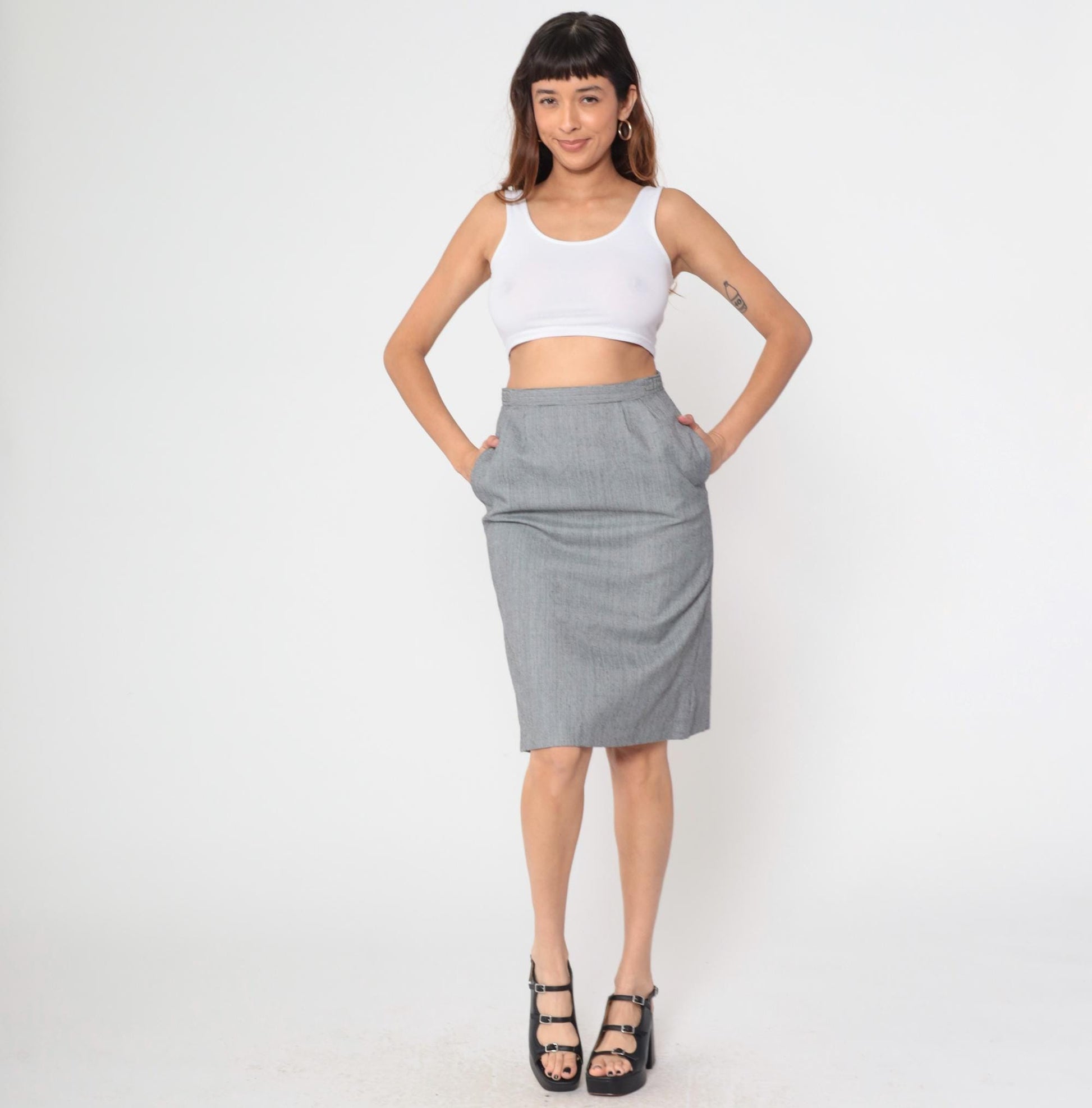 80s Black Houndstooth Midi Skirt High Waist Straight Pencil Medium