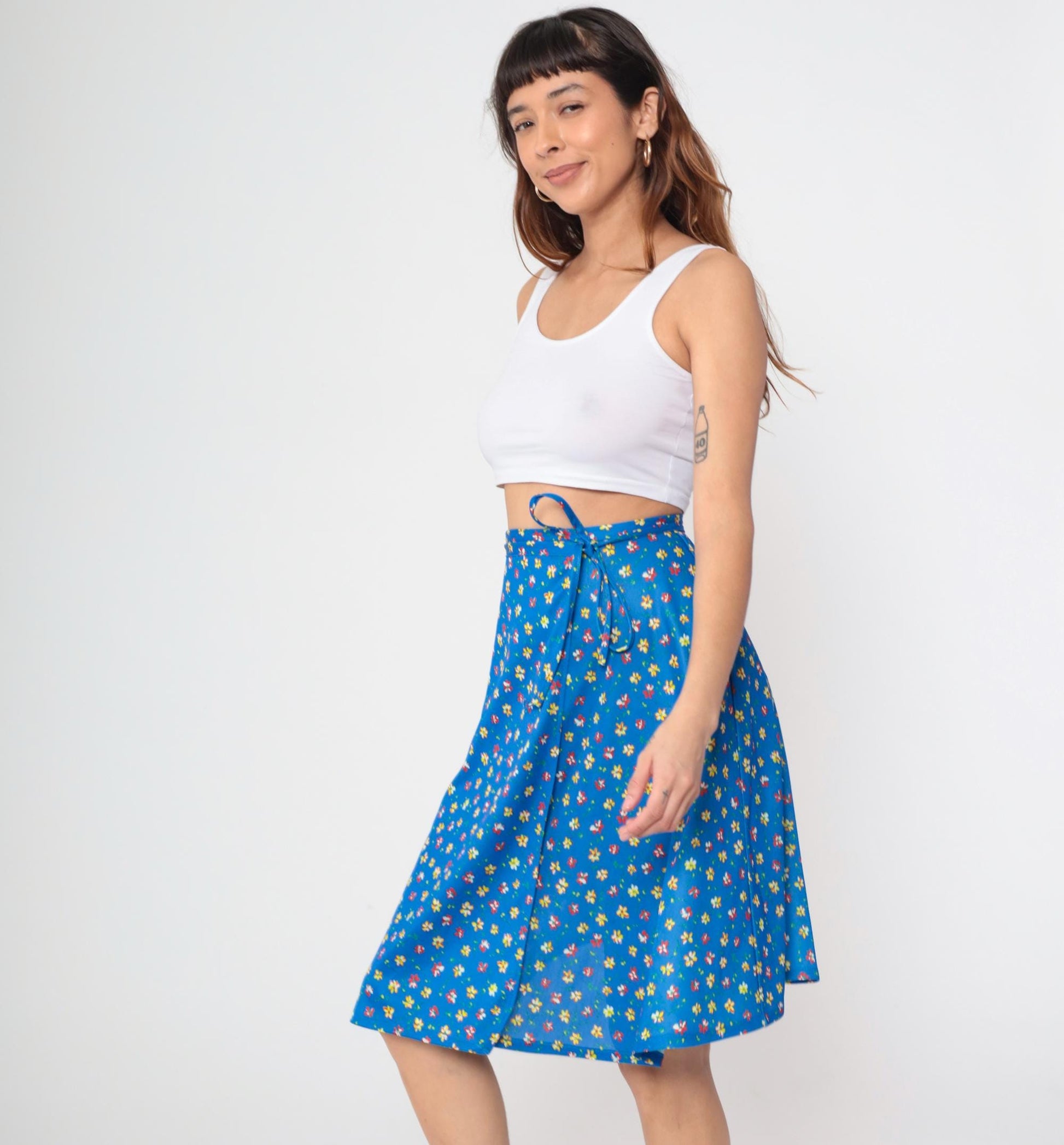 70s JC Penney Blue Floral Wrap Skirt Tie Waist Ditsy Print Small Medium