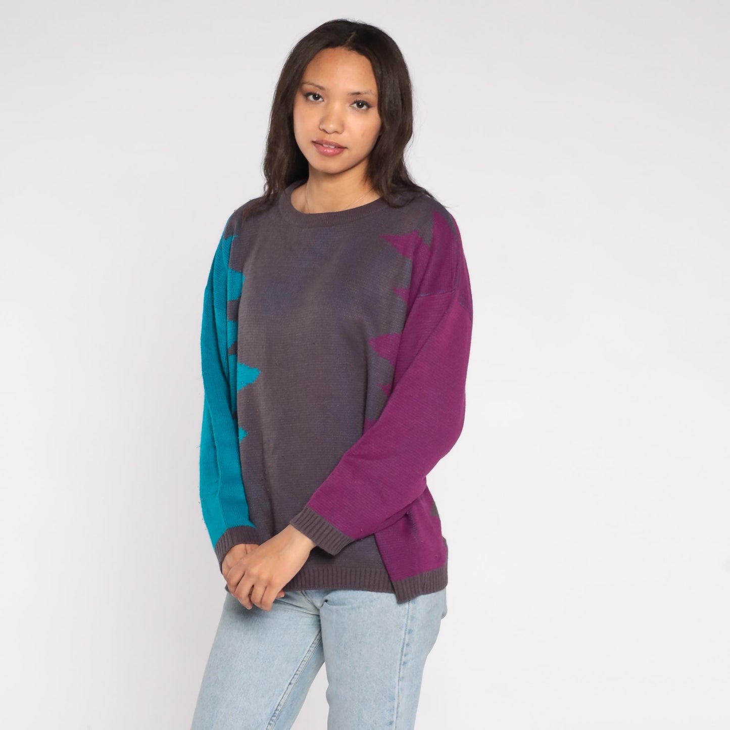90s Geometric Color Block Sweater Teal Purple Charcoal Crewneck Medium
