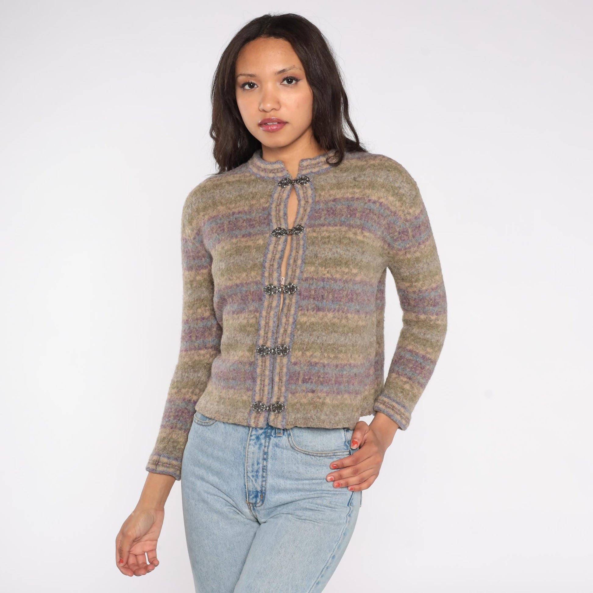 Y2K Wool Cardigan Frog Closure Sage Lavender Striped Cropped Petite Medium