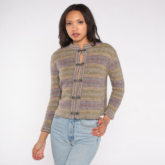 Y2K Wool Cardigan Frog Closure Sage Lavender Striped Cropped Petite Medium