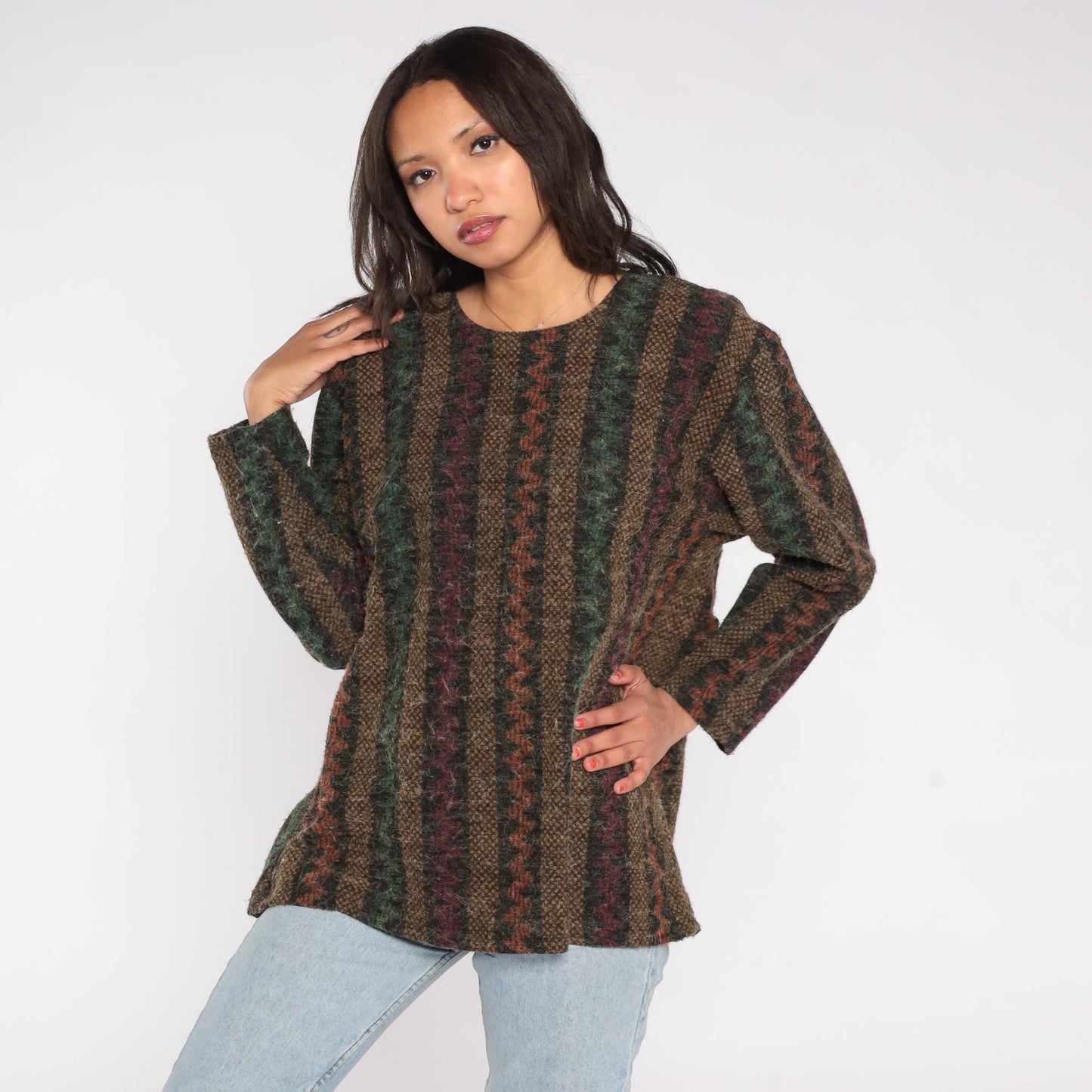90s Divine Collection Stripe Sweater Forest Green Burgundy Crewneck Medium