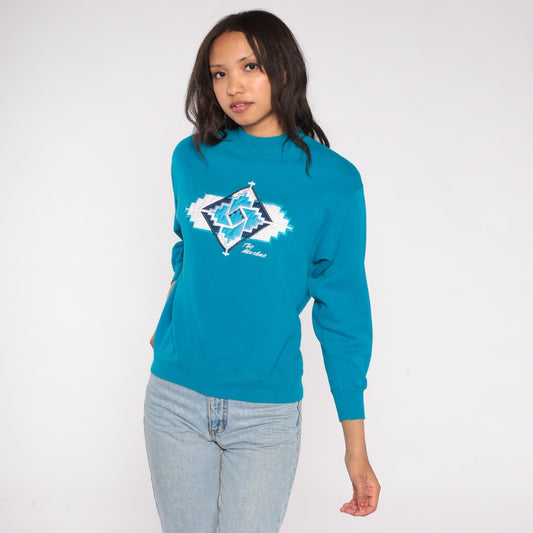 90s Hanes Southwestern Turquoise Sweatshirt Geometric Cross Patch Medium