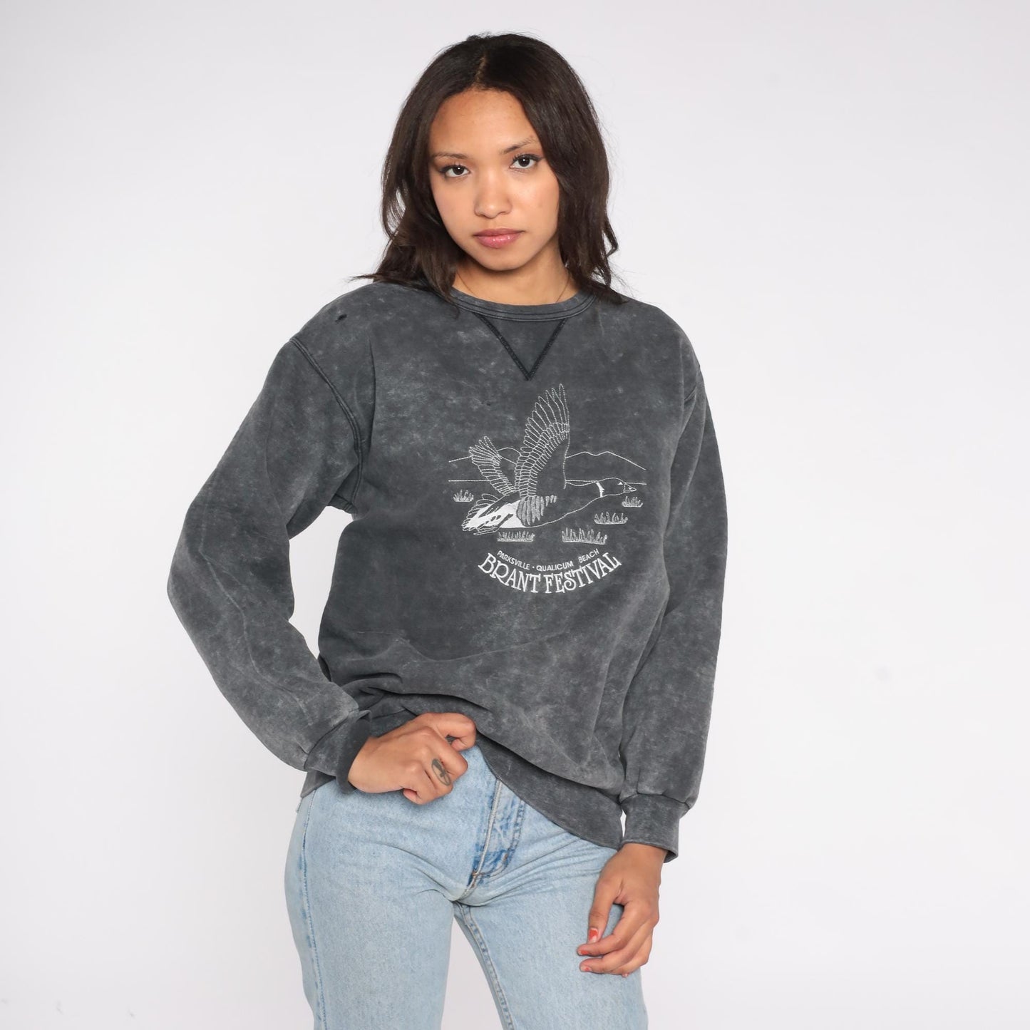 90s Brant Festival Goose Embroidered Acid Wash Sweatshirt Grey Medium