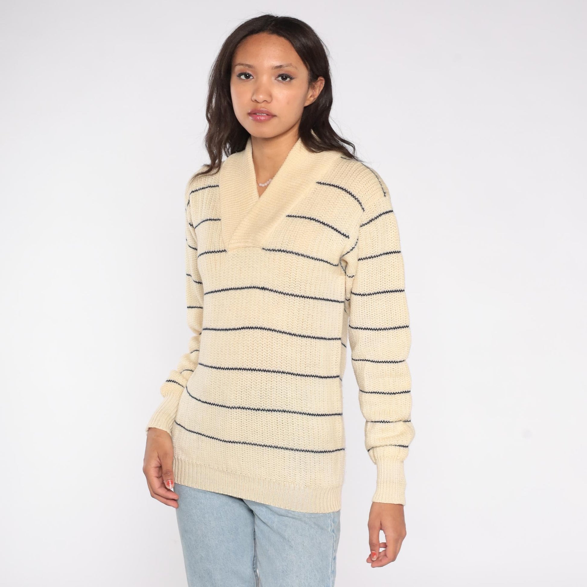 80s Hardy Amies London Wool Shawl Collar Sweater Cream Striped Medium