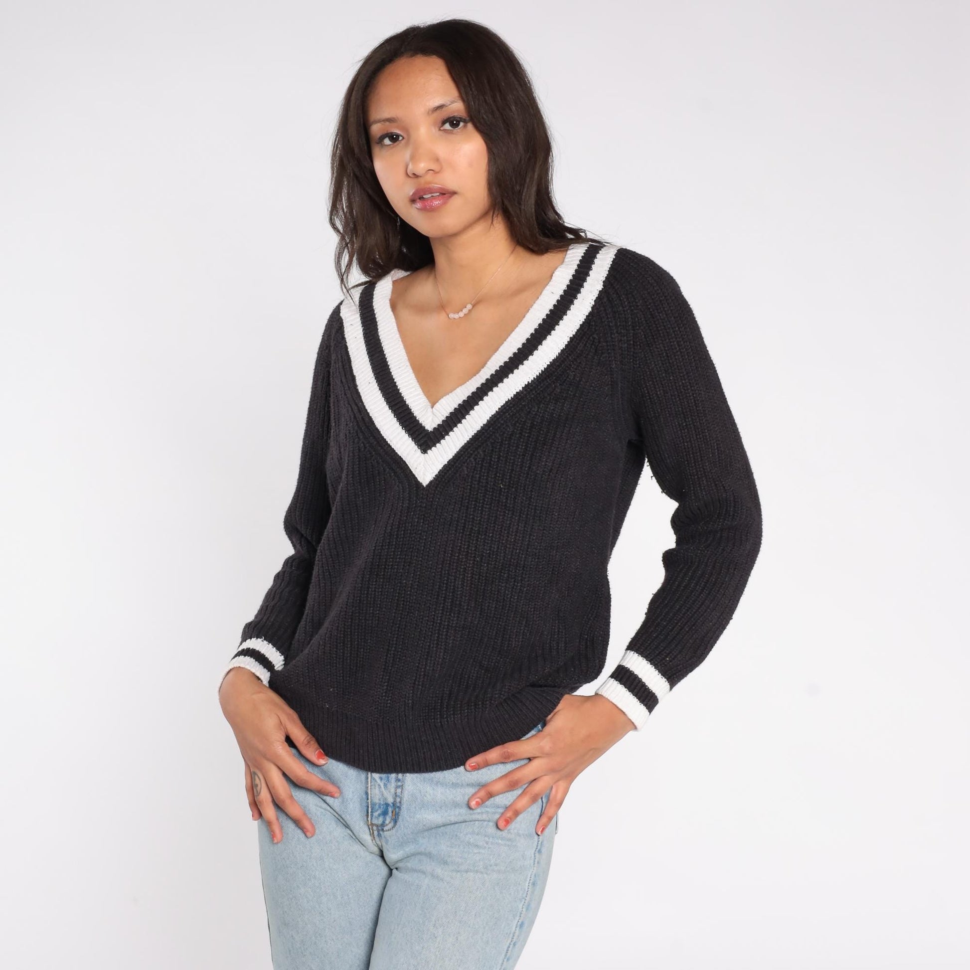 Y2K Black V-Neck Sweater White Trim Rib Knit Pullover Large L