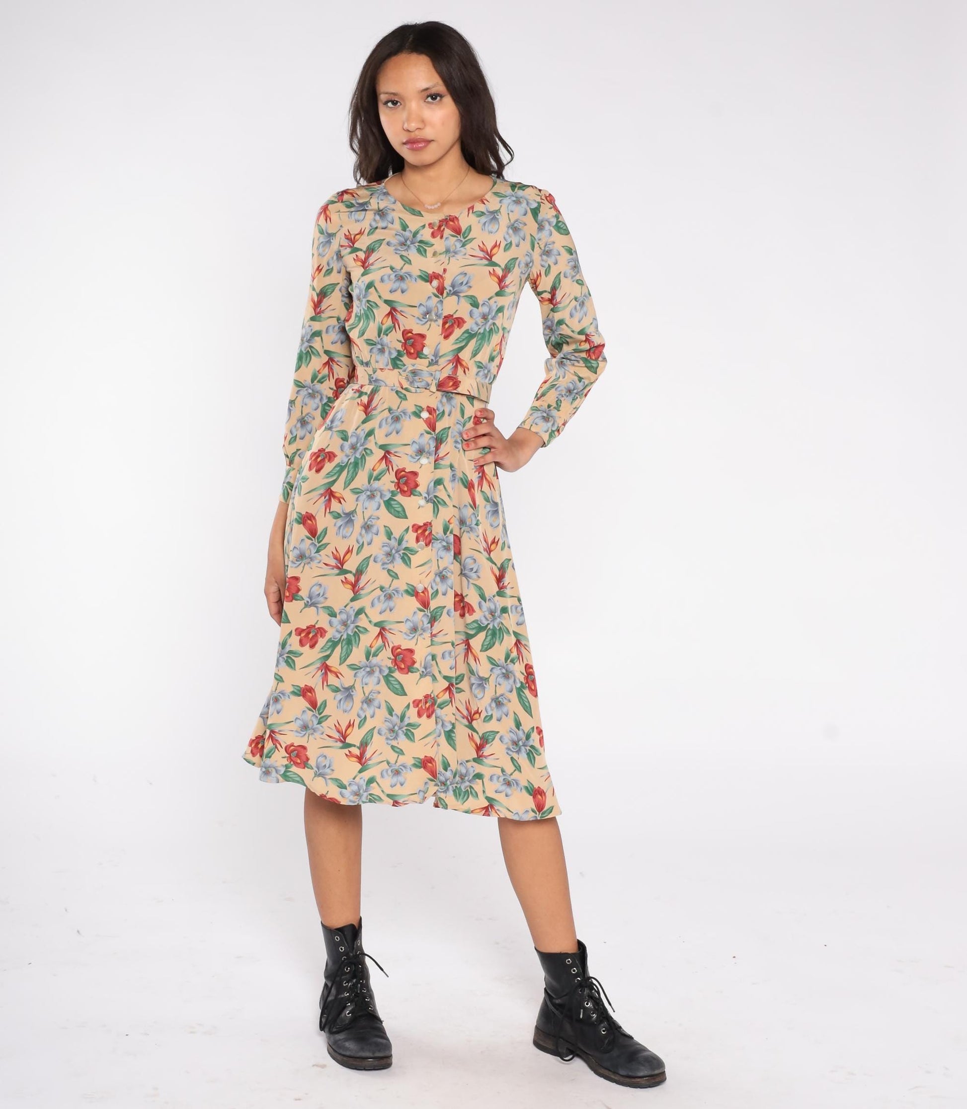 90s Liz Claiborne Floral Midi Dress Beige Rayon Button Front Belted Small