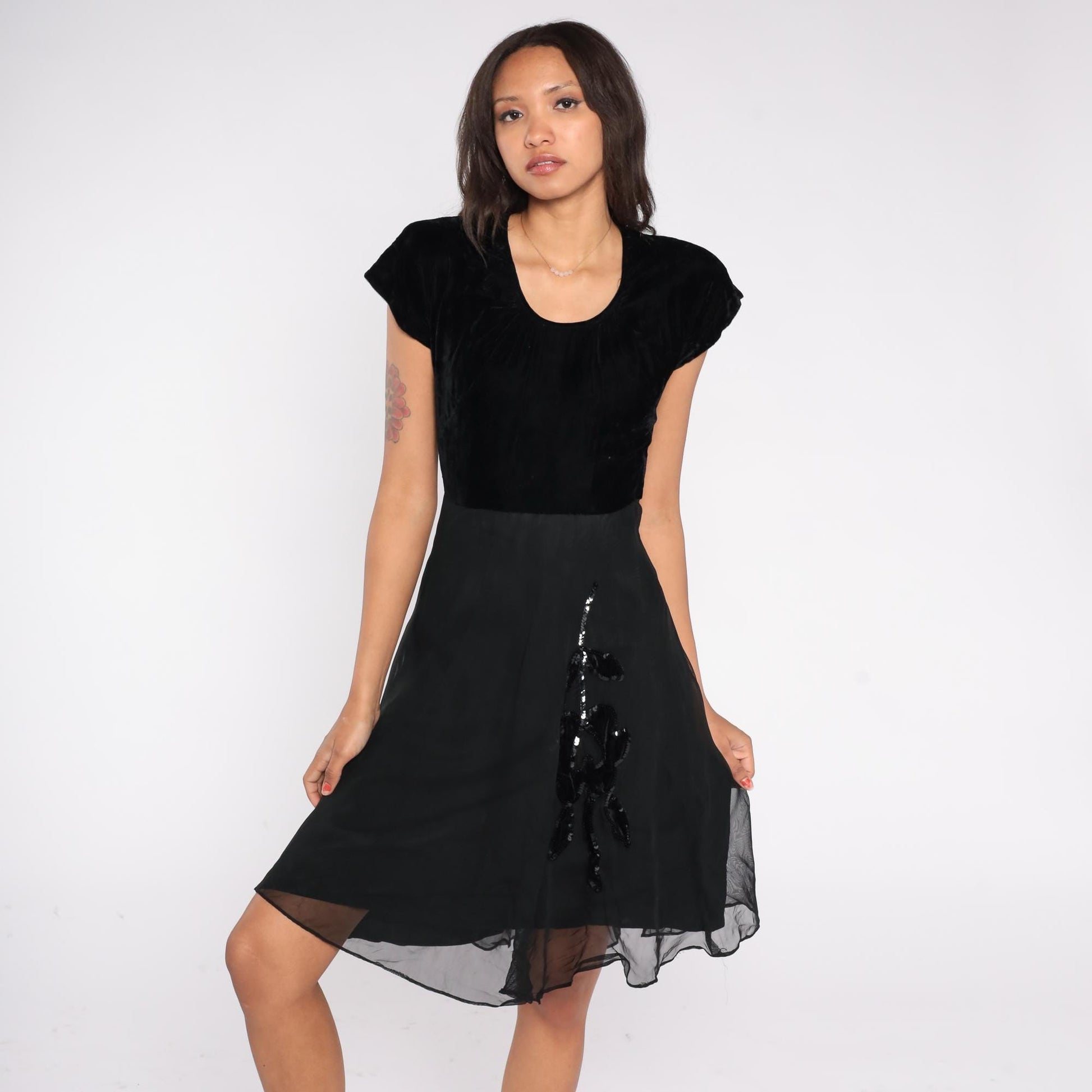 1940s Kayo Dress Black Velvet Sequin Floral Applique Fit and Flare Cocktail Dress Extra Small XS