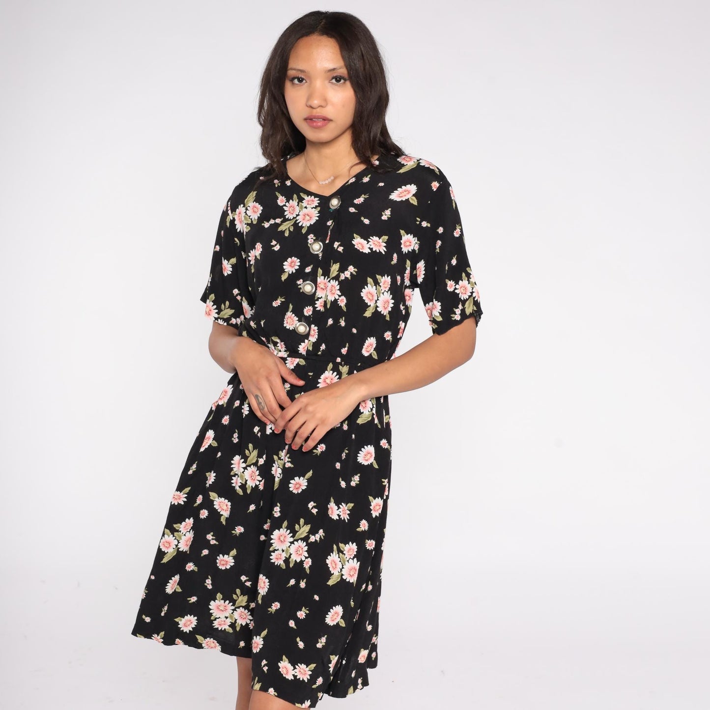 90s Esther Collection Black Daisy Floral Midi Dress Pink Print Small