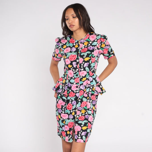 90s Petite Dimensions Floral Peplum Dress Black Cotton Button Front Small