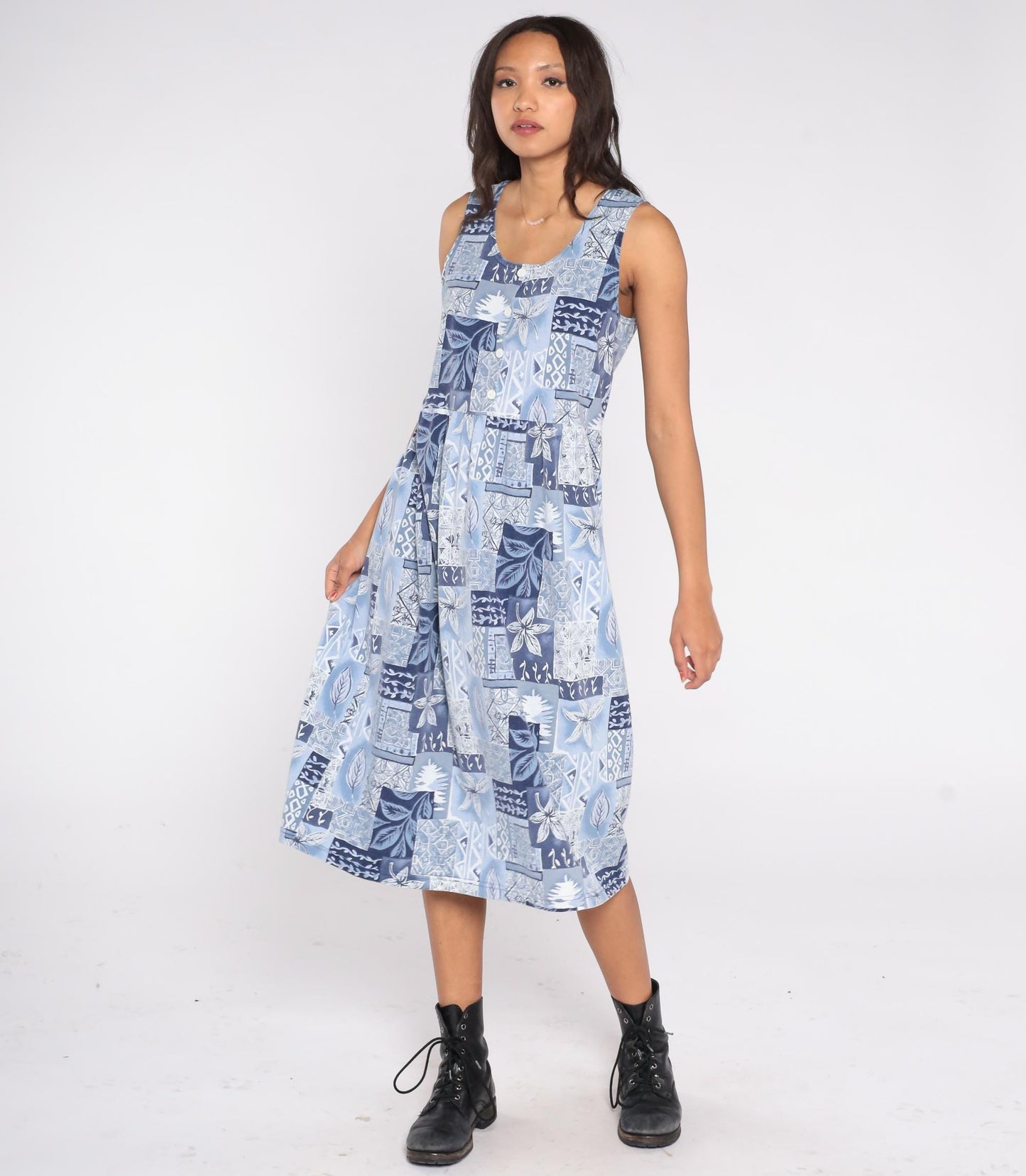 90s Blair Blue Patchwork Floral Midi Dress Sleeveless Button Front Small
