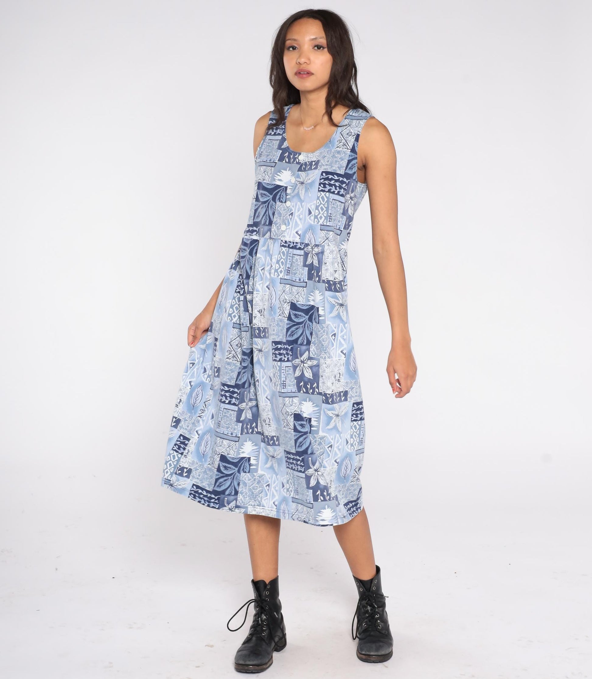 90s Blair Blue Patchwork Floral Midi Dress Sleeveless Button Front Small