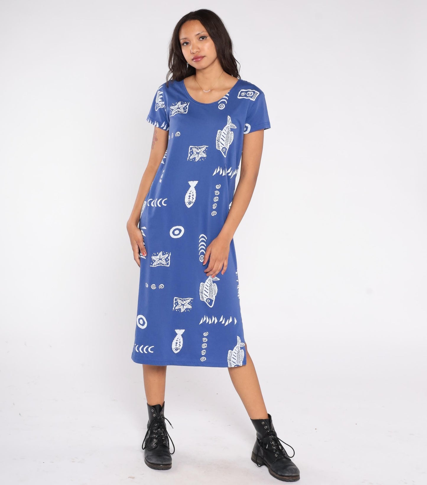 90s Exist Sport Line Blue Fish Print Midi Dress Scoop Neck Short Sleeve Small