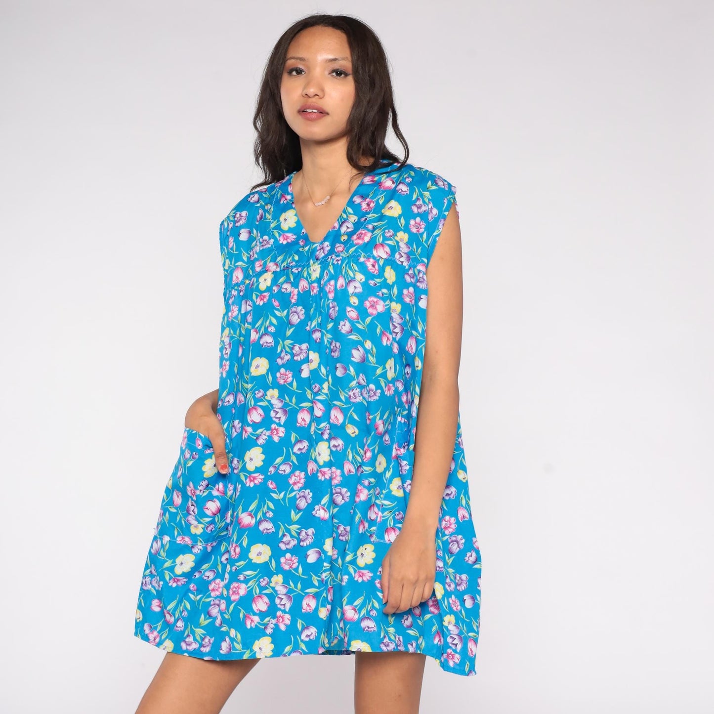 80s Blue Floral Tulip Mini Dress Sleeveless V Neck Babydoll Pockets Small
