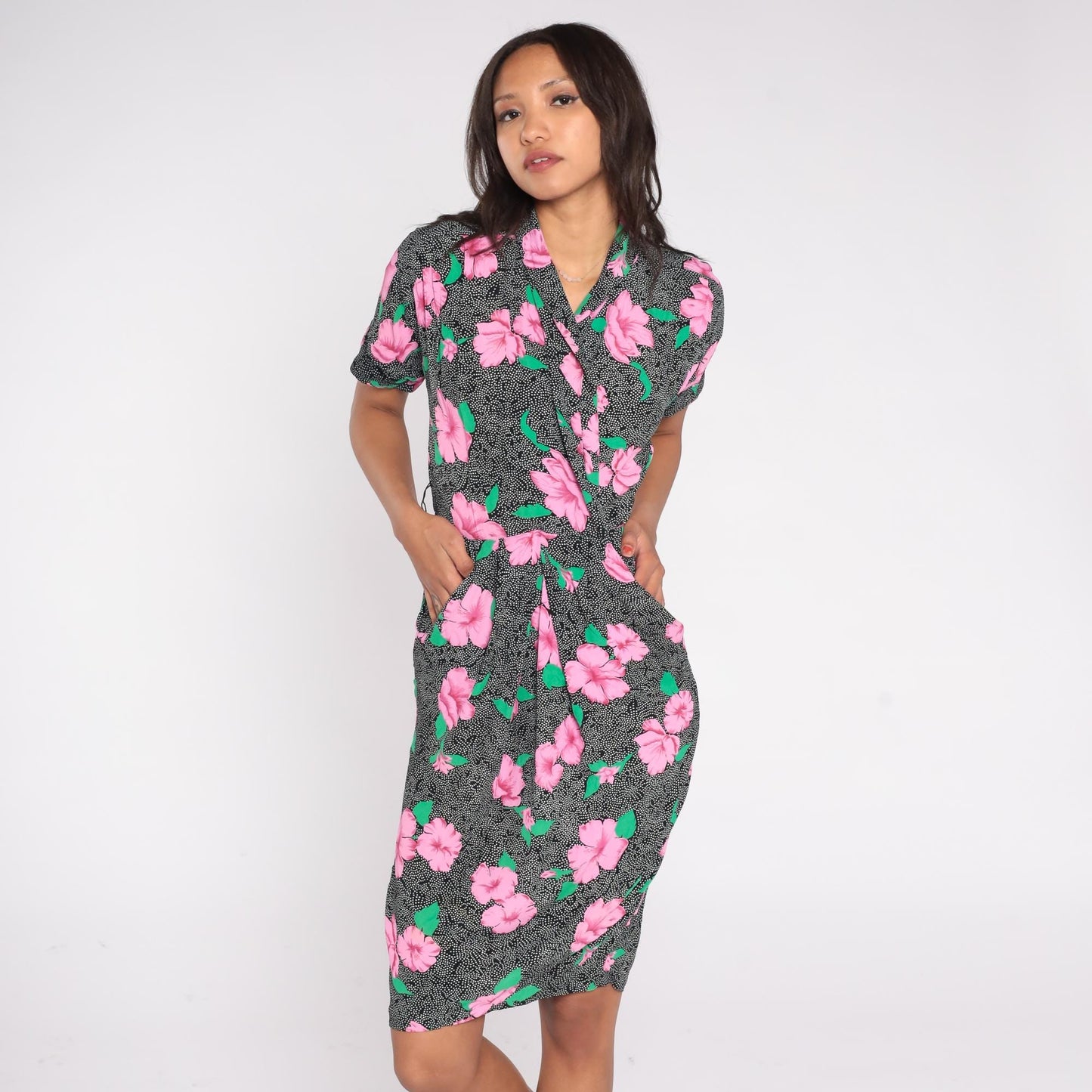 90s Jackie Bernard Floral Wrap Dress Pink Hibiscus Black Knee Length Small