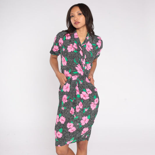 90s Jackie Bernard Floral Wrap Dress Pink Hibiscus Black Knee Length Small